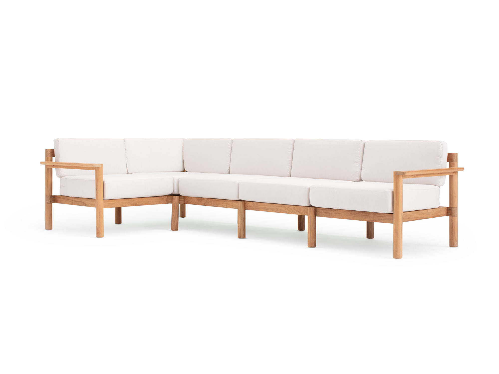 Front angle view of 5-piece outdoor sectional with white cushions